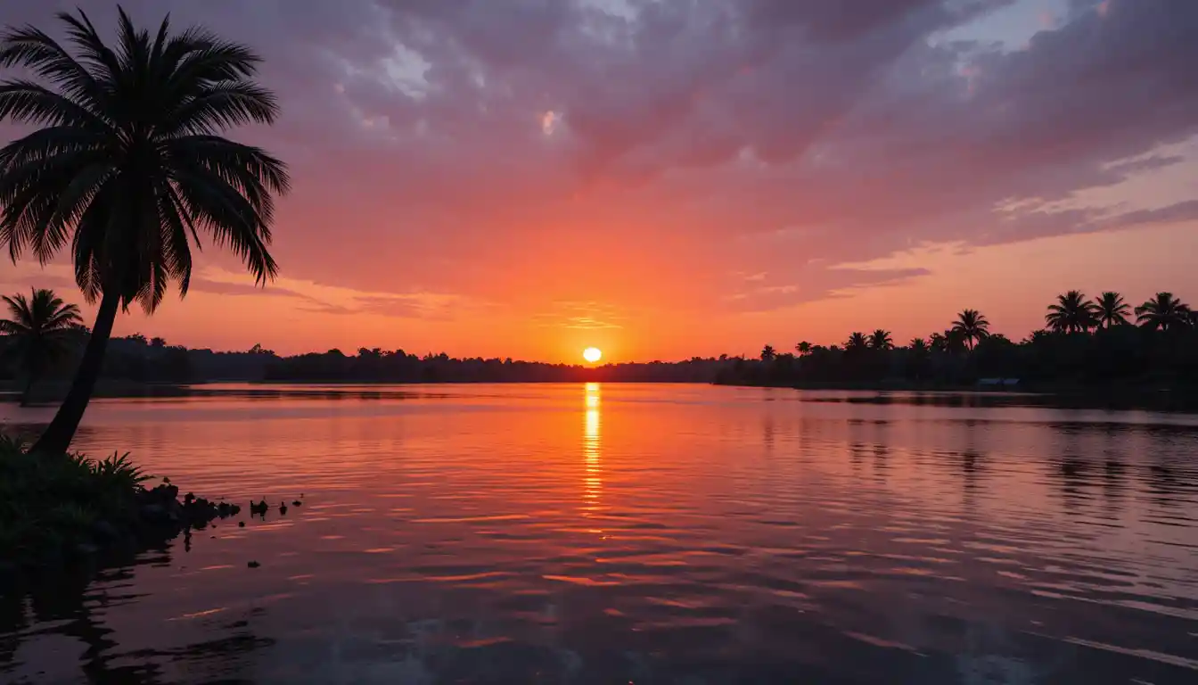 Río tranquilo que refleja un atardecer dorado con siluetas de palmeras