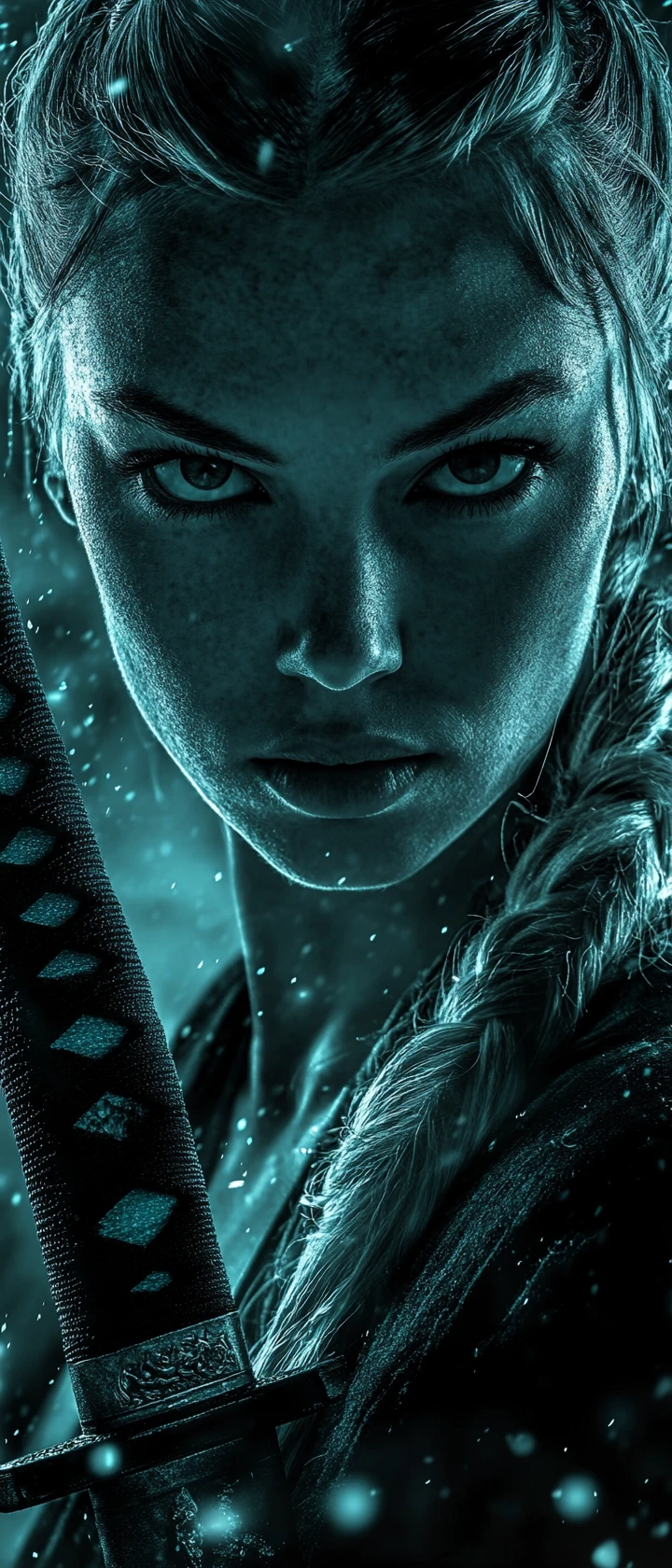 Blonde warrior woman with katana in dramatic night snow