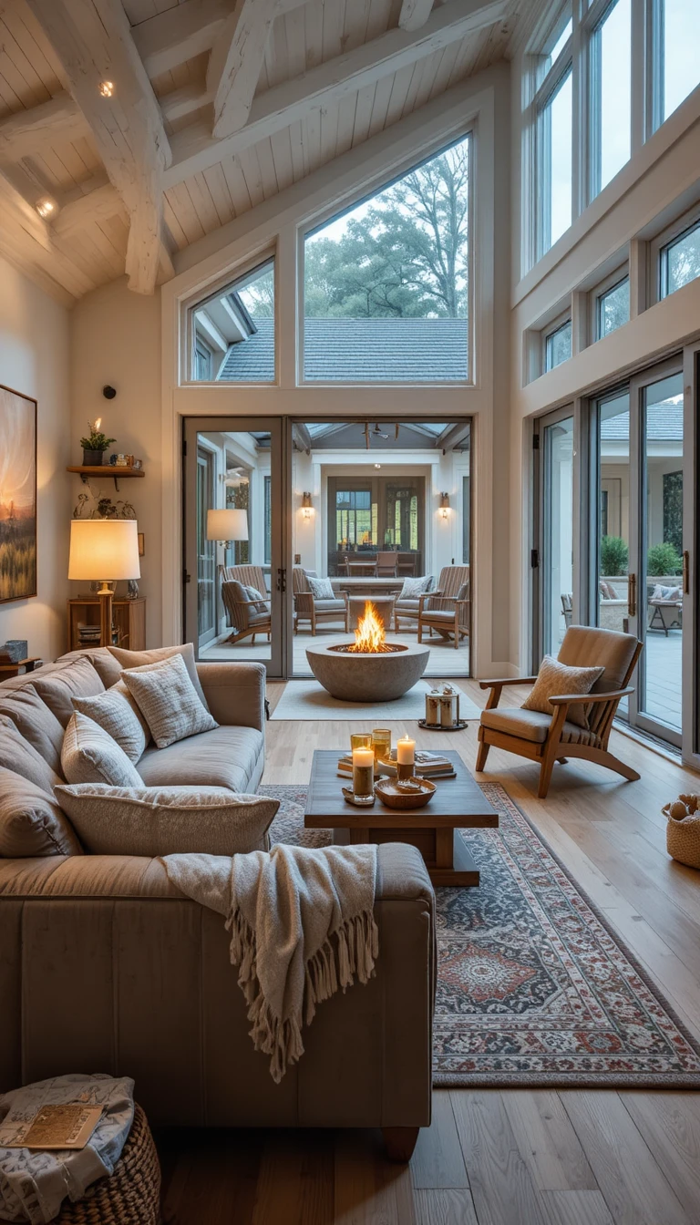 Gemütliches Farmhaus-Wohnzimmer mit Zugang zu einer Terrasse mit Feuerstelle