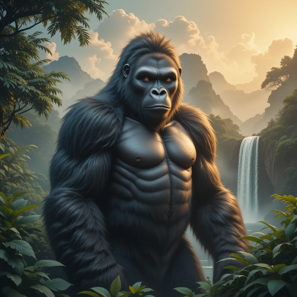 Majestic gorilla in a misty jungle at golden hour