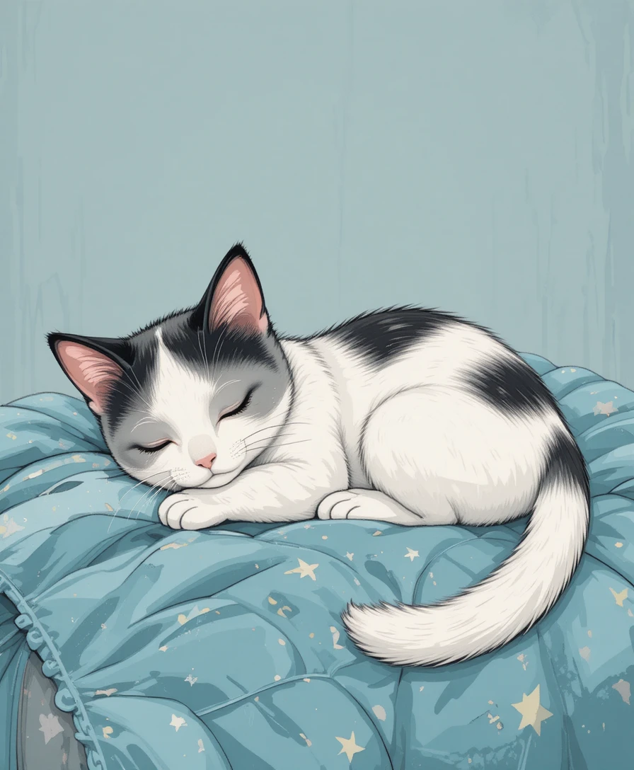 Adorable gato blanco con orejas negras durmiendo sobre una manta