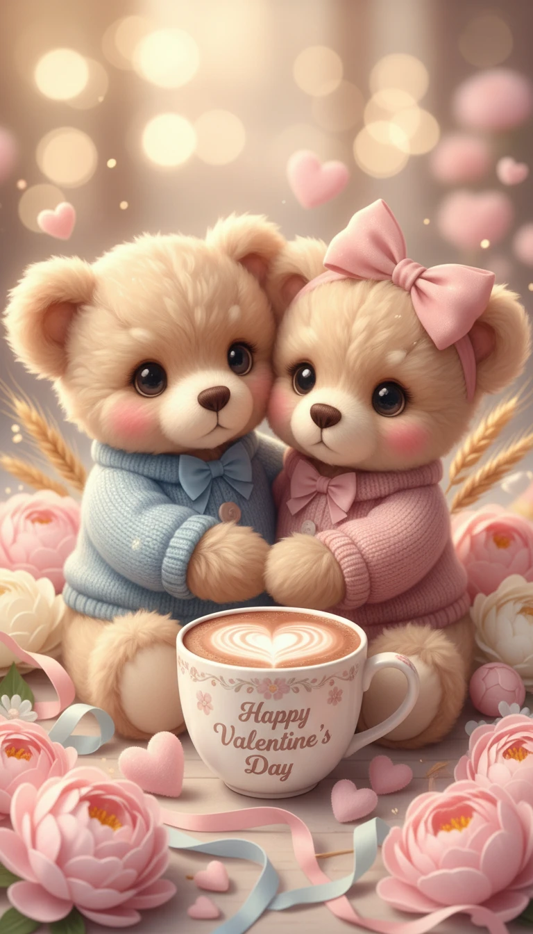 Süße Teddybären mit Kakao in pastellfarbener Valentinstag-Szene