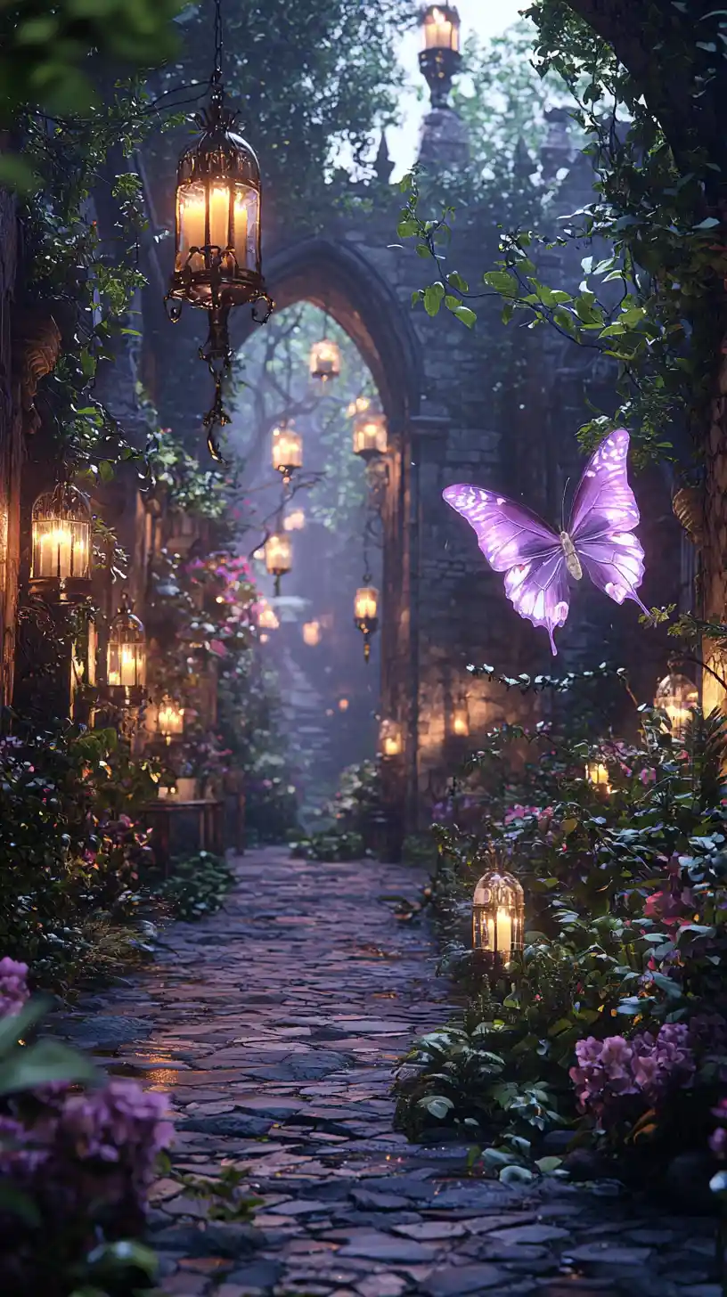 Enchanted Twilight Garden With Glowing Purple Butterfly