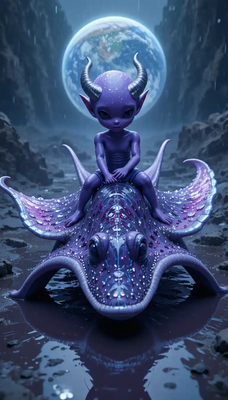 Alien violet chevauchant une raie manta argentée vers la Terre