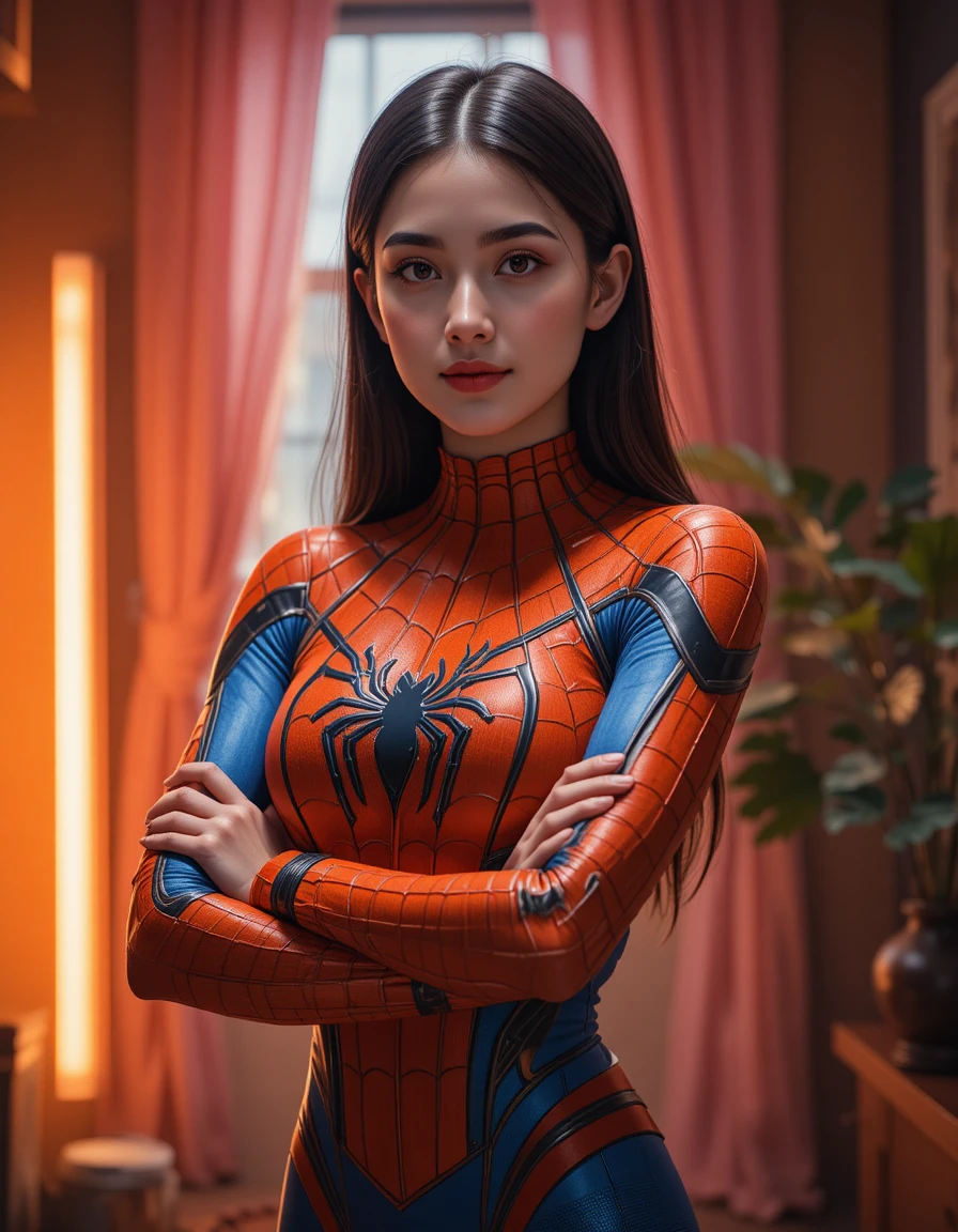 Mujer segura con body inspirado en araña en estudio cálido