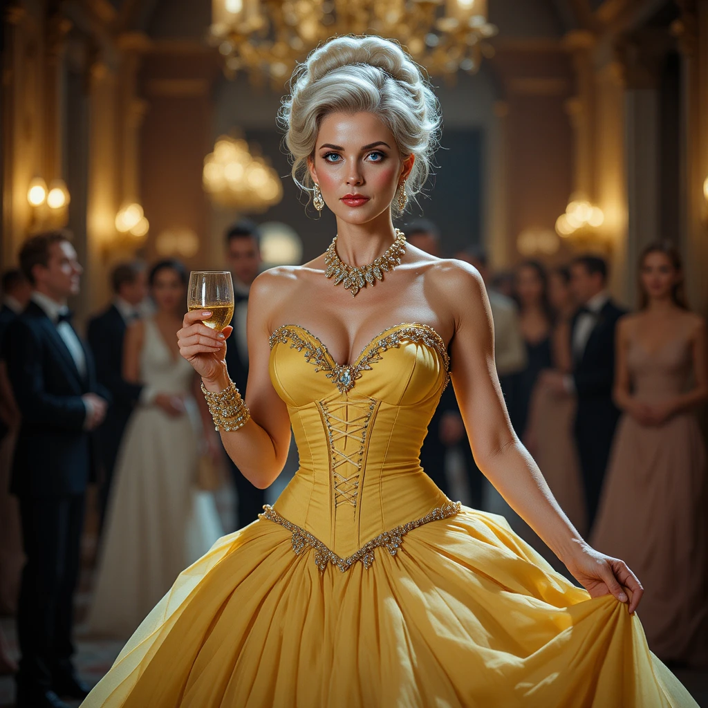 Elegante mulher mais velha com vestido de baile amarelo caminhando pelo salão
