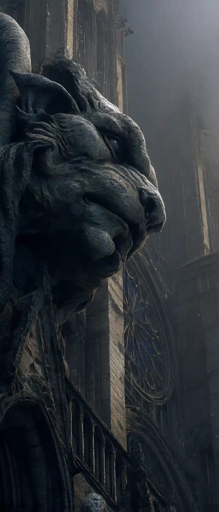 Antica gargolla su cattedrale gotica fatiscente nella notte
