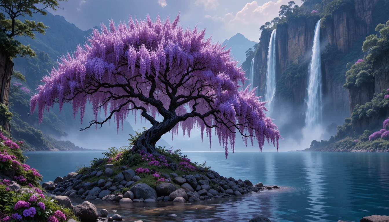 Surreale violette Wasserfälle mit Glyzinienbaum an einem ruhigen See