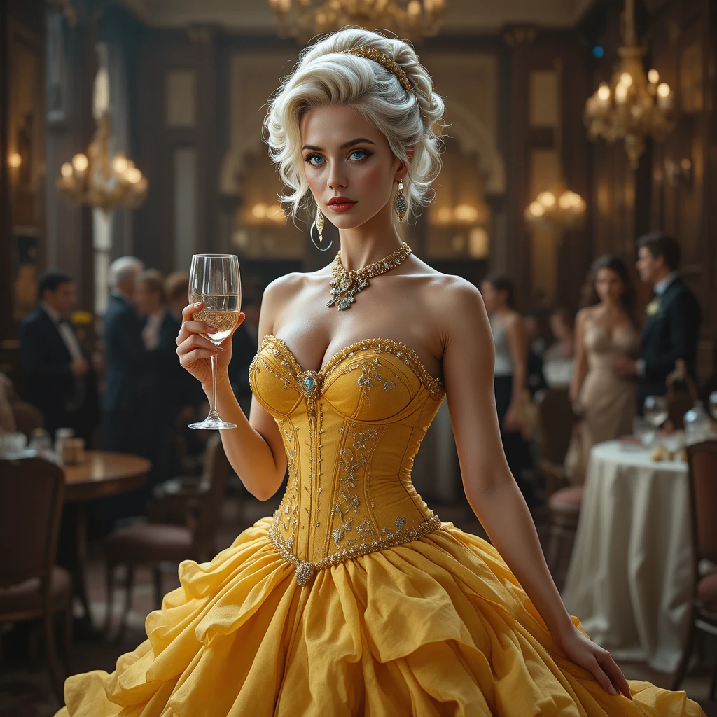 Elegant older woman in yellow ball gown holding wine
