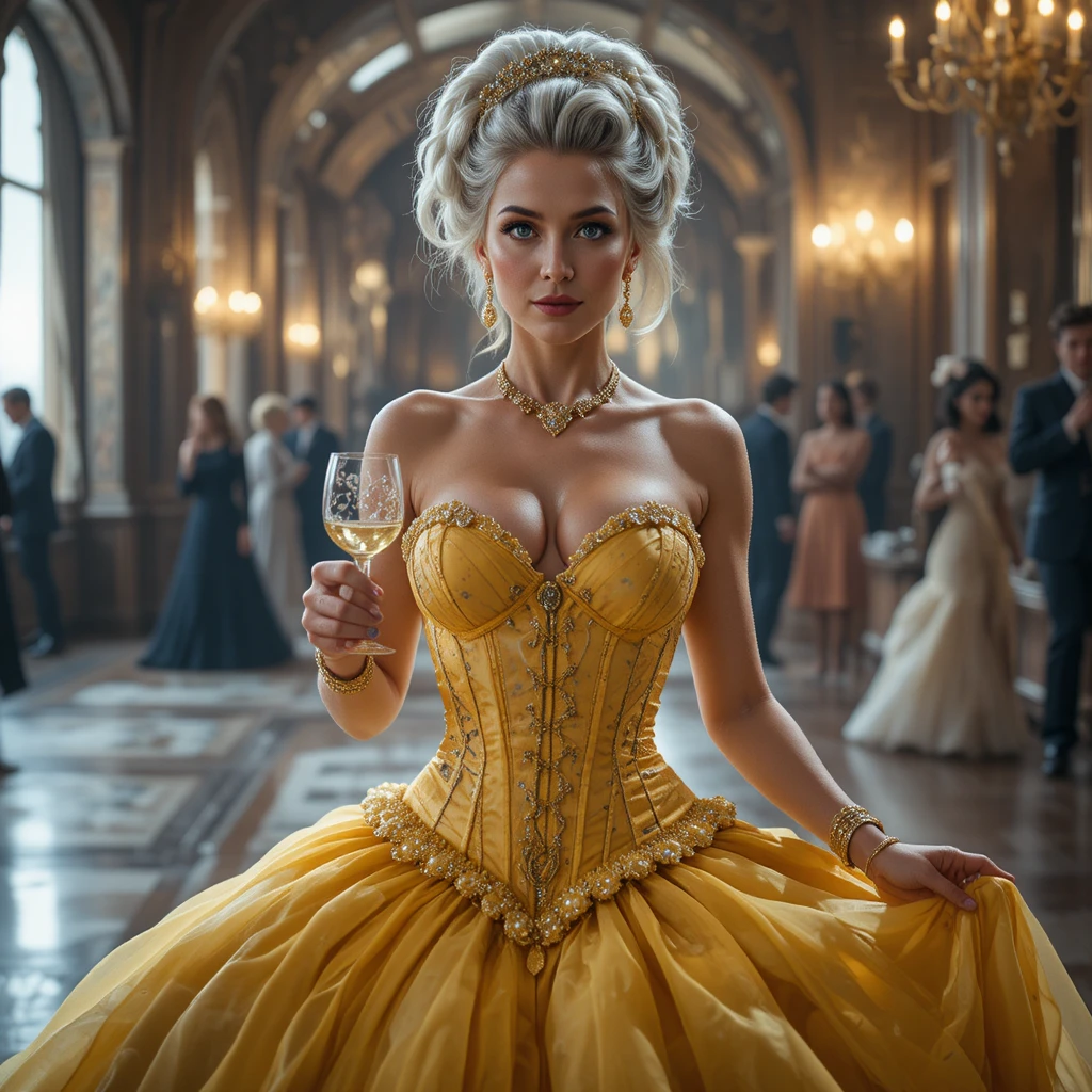 Mulher mais velha elegante em vestido de baile amarelo segurando vinho
