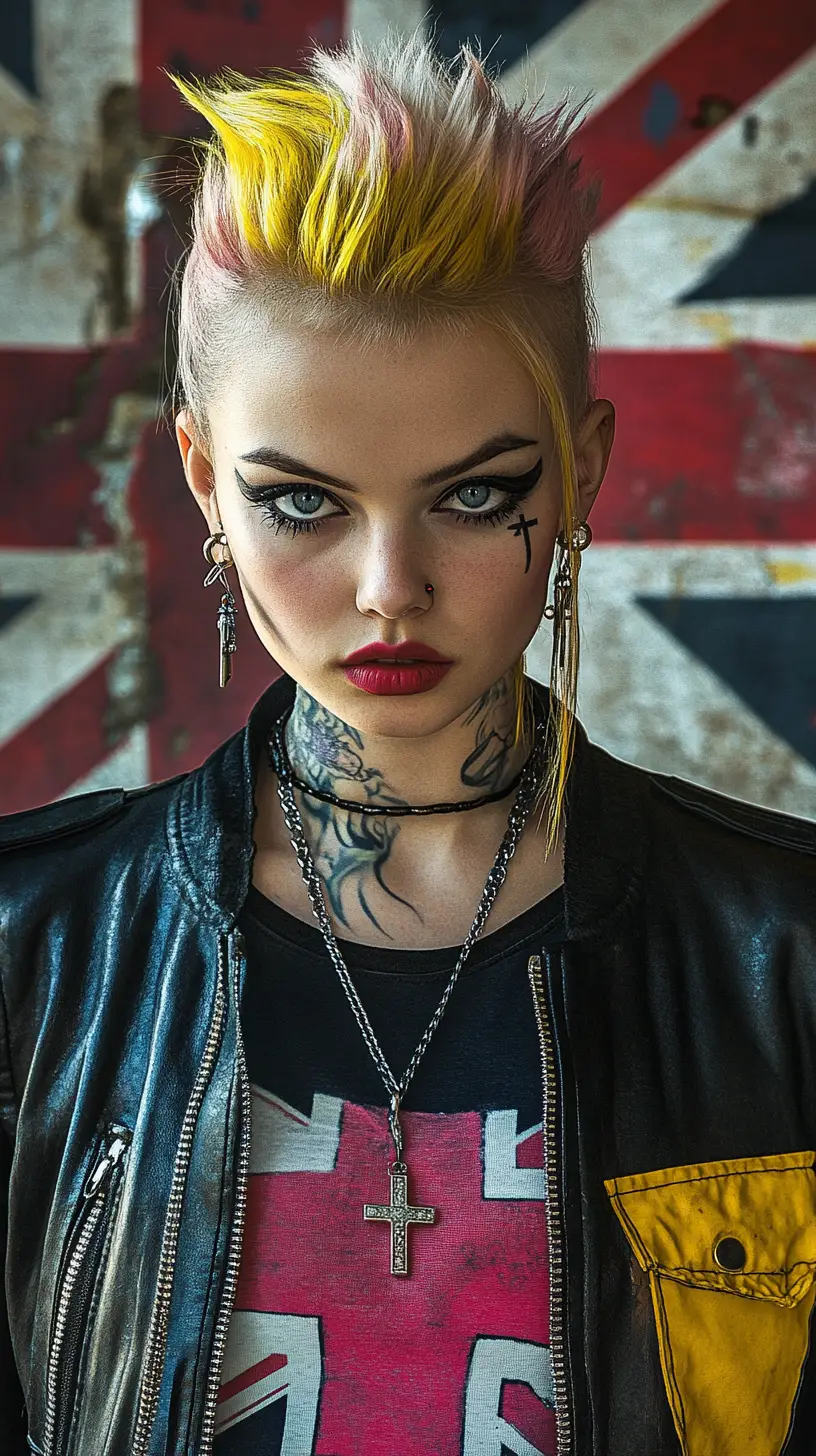 Garota punk com moicano diante de bandeira Union Jack pintada