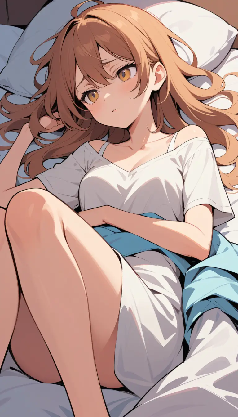 Young woman reclining on an unmade bed in a messy room