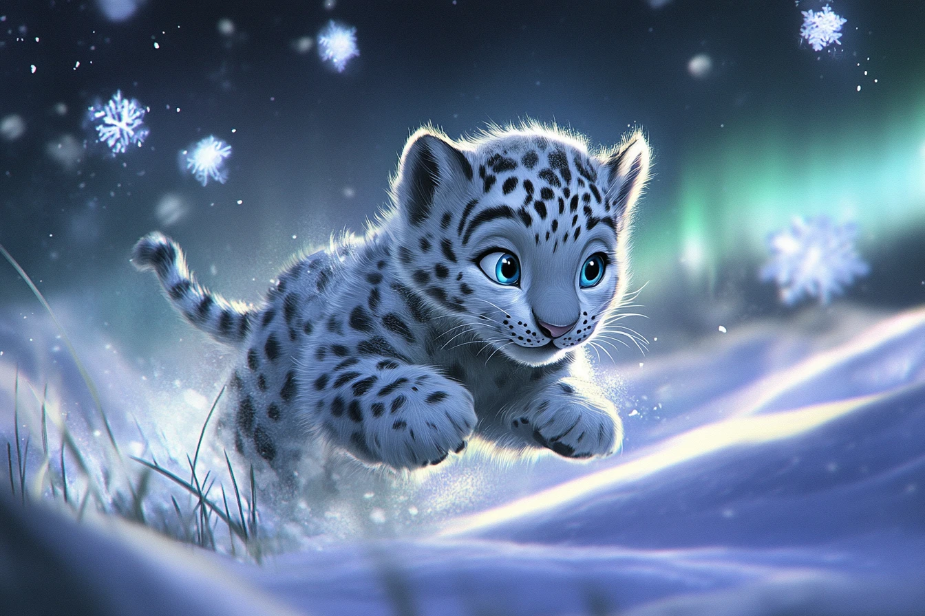 Cachorro de leopardo de las nieves juguetón abalanzándose hacia brillantes copos de nieve