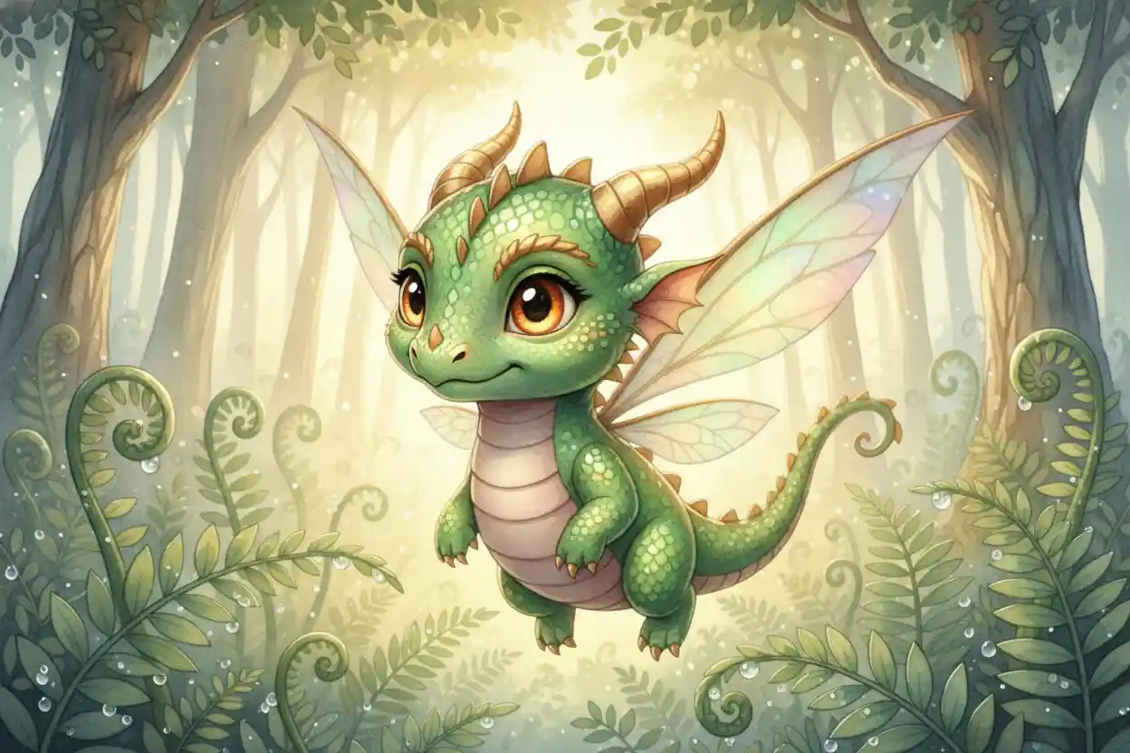 Baby fairy dragon among dewy ferns at dawn