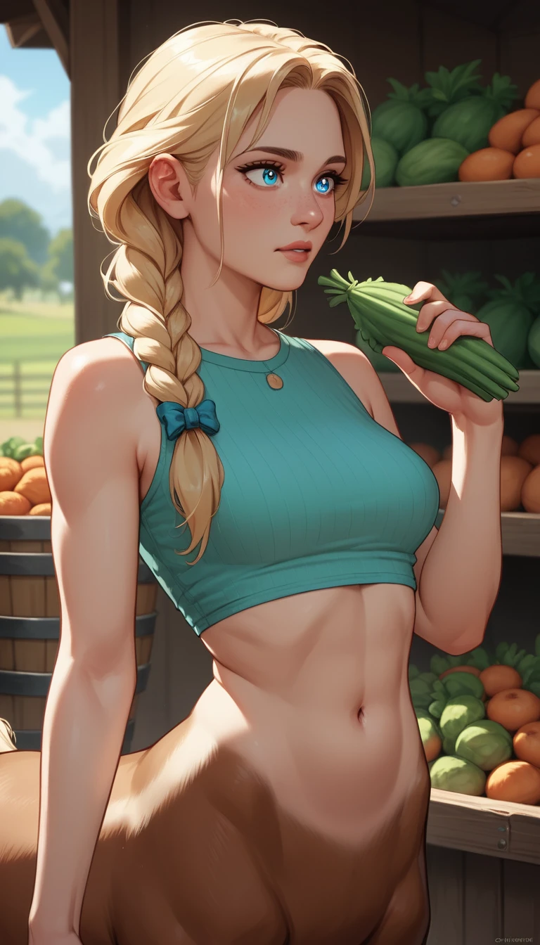 Confident centaur woman at a colorful farmers market stand