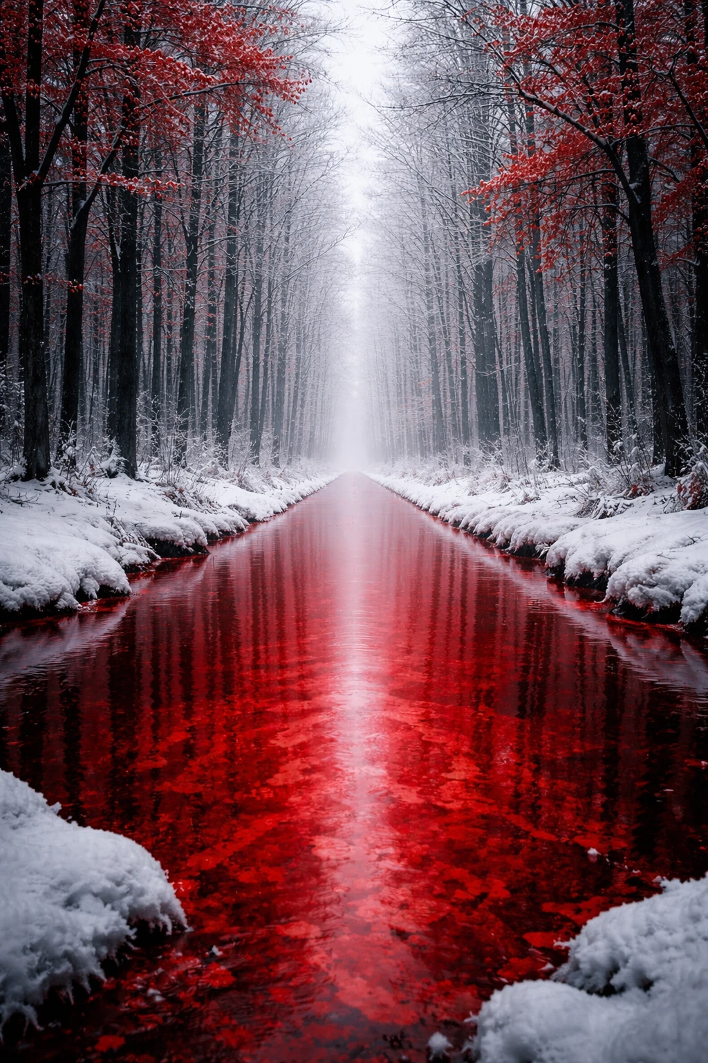 Cupa foresta invernale con corridoio di fiume rosso luminoso