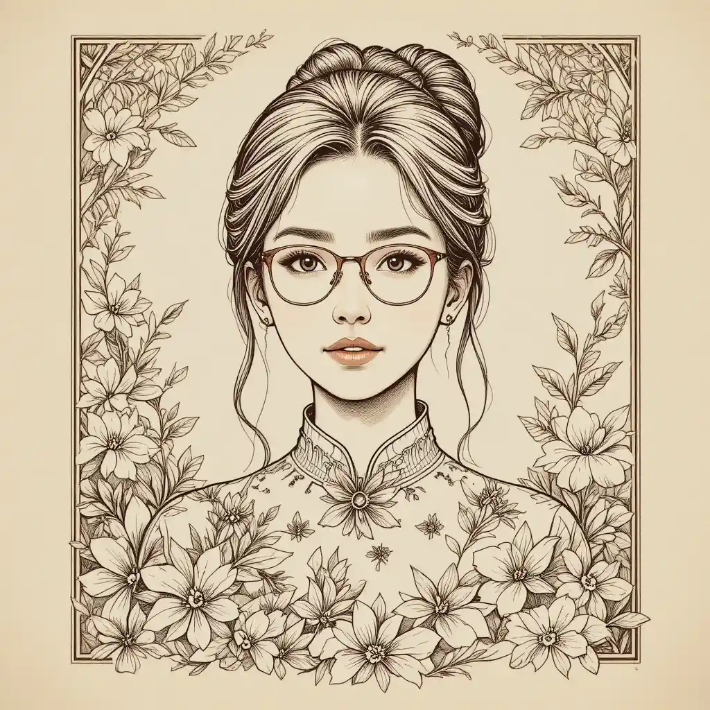 Sepia portrait of a gentle woman framed by foliage