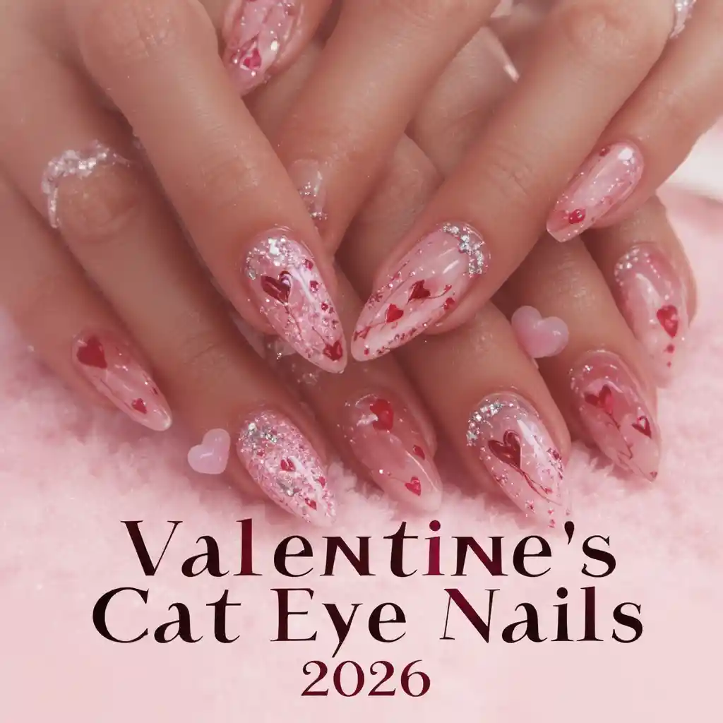 Valentines cat eye nails on elegant manicured hands