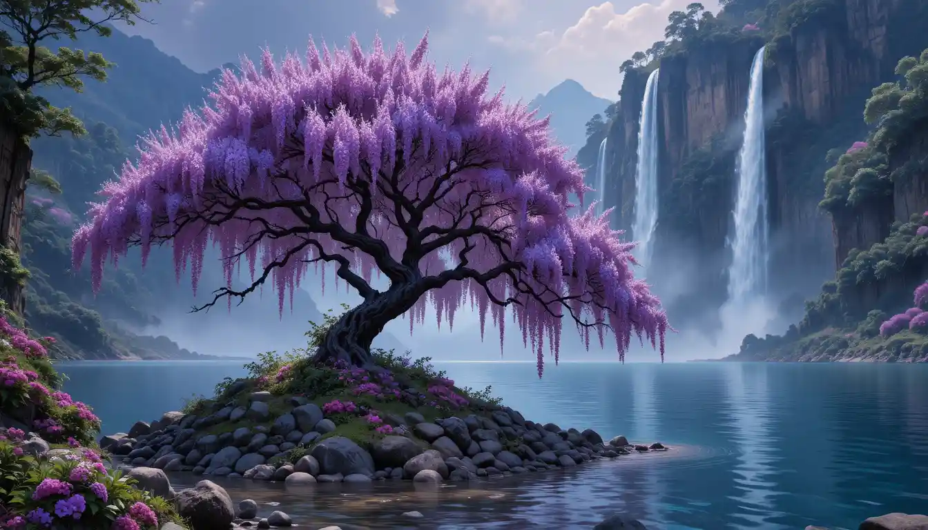 Surreale violette Wasserfälle mit Glyzinienbaum an einem ruhigen See