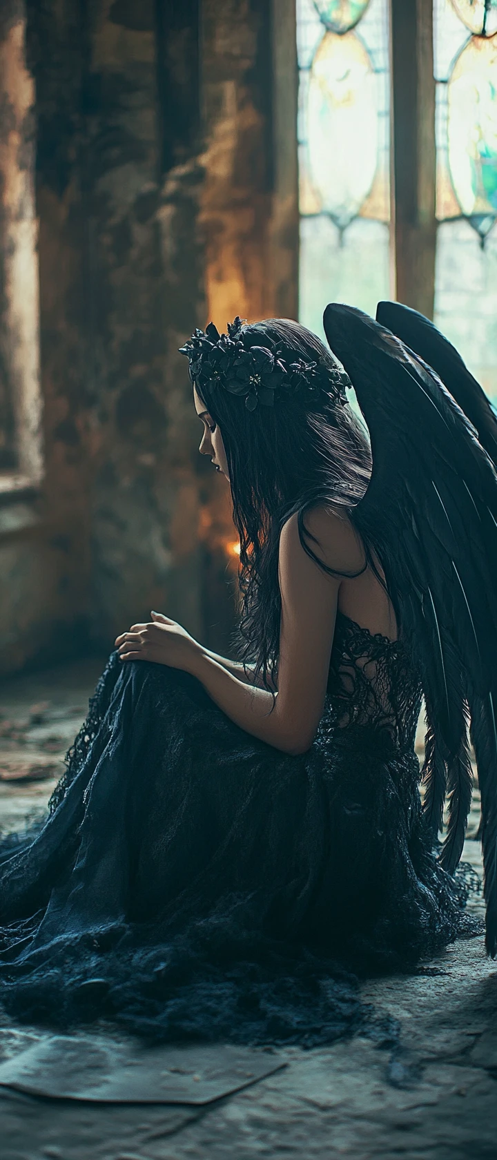Melancholic angel in black on a church stone floor
