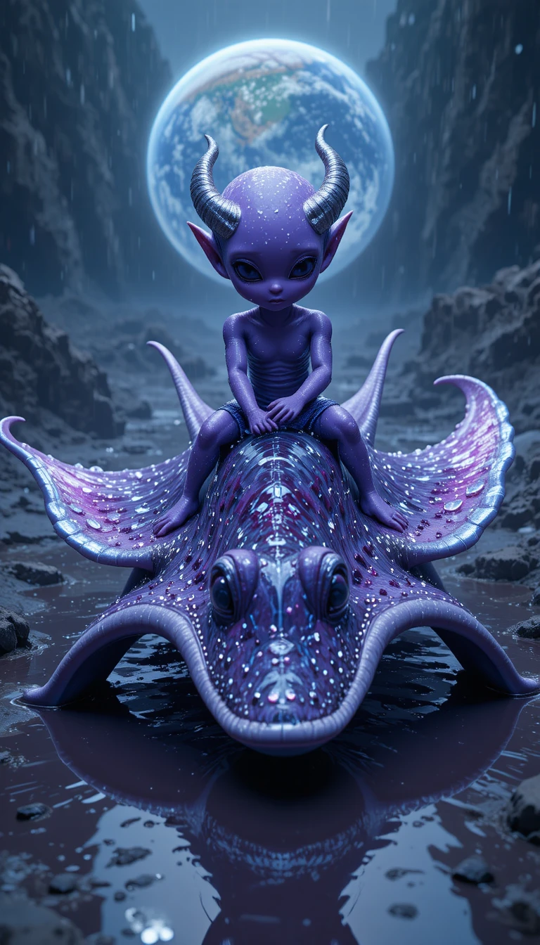 Purple alien riding a silver manta ray toward Earth