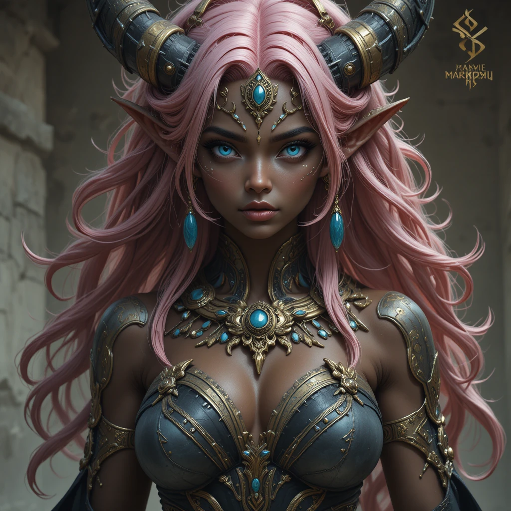 Diosa de piel oscura con ojos azules y cabello rosa claro