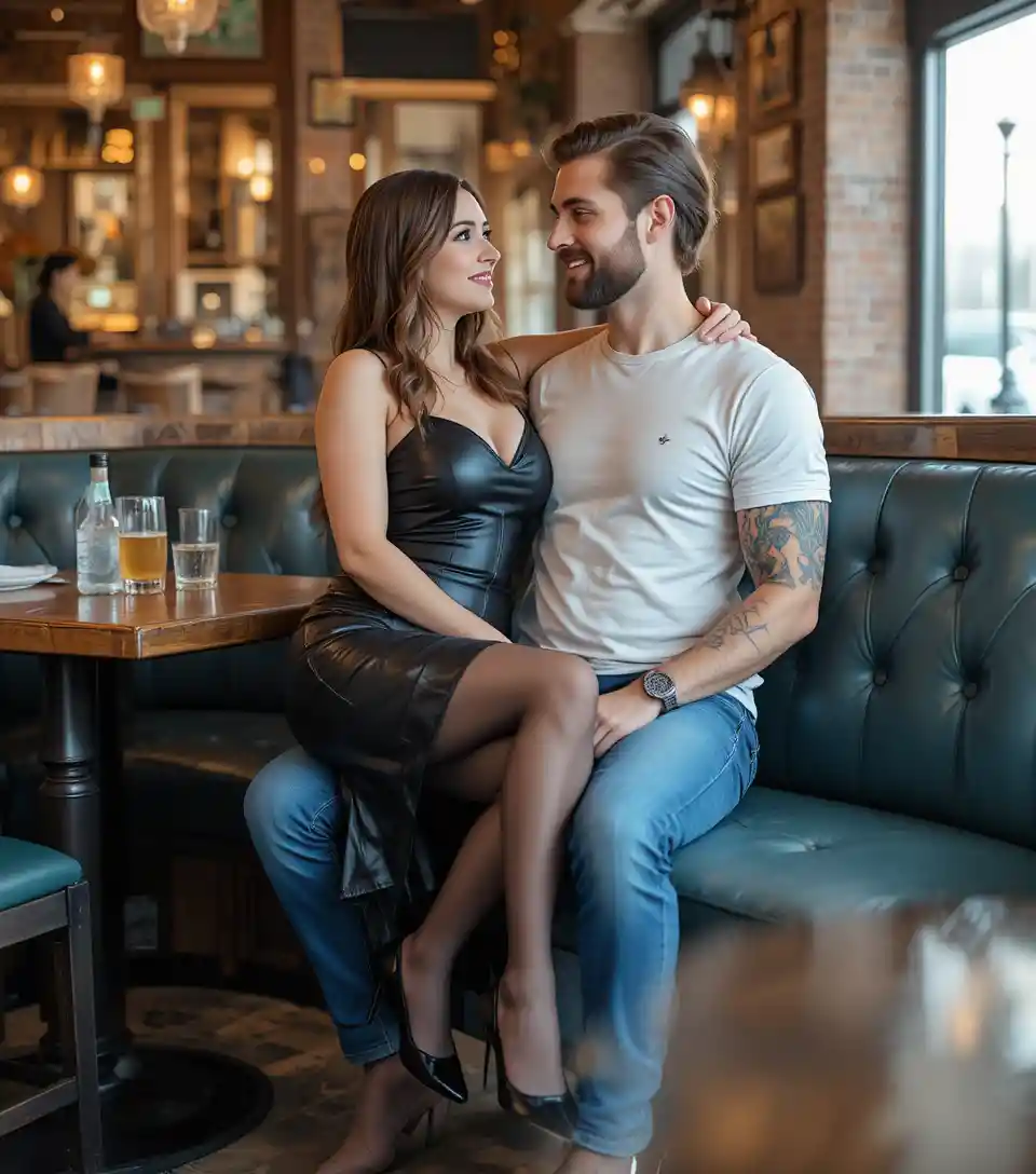 Woman sitting on her boyfriends lap in a restaurant