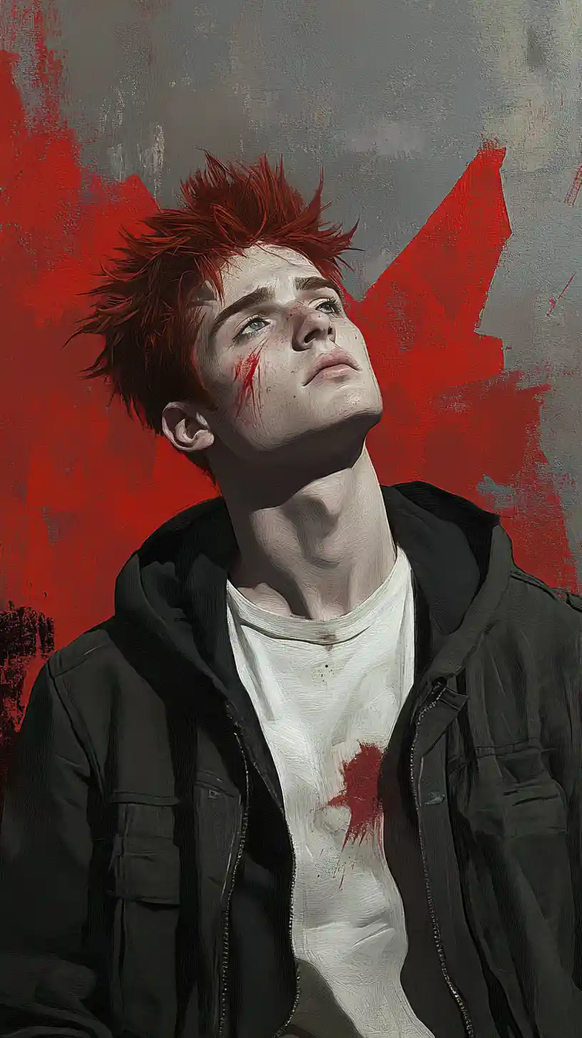 Young man with red hair in melancholic graphic portrait
