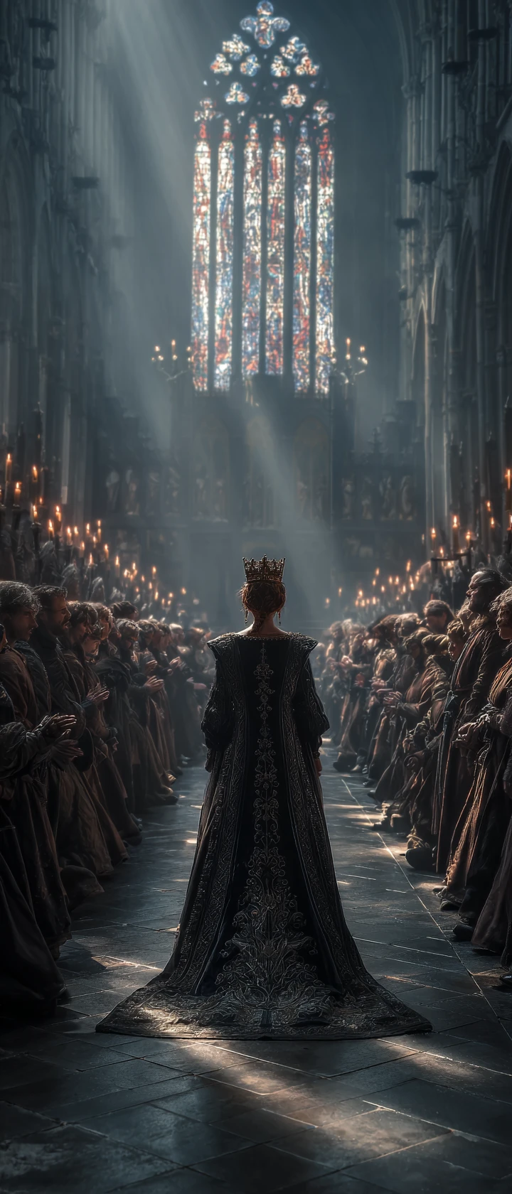 Young princess walks through cathedral aisle to her coronation