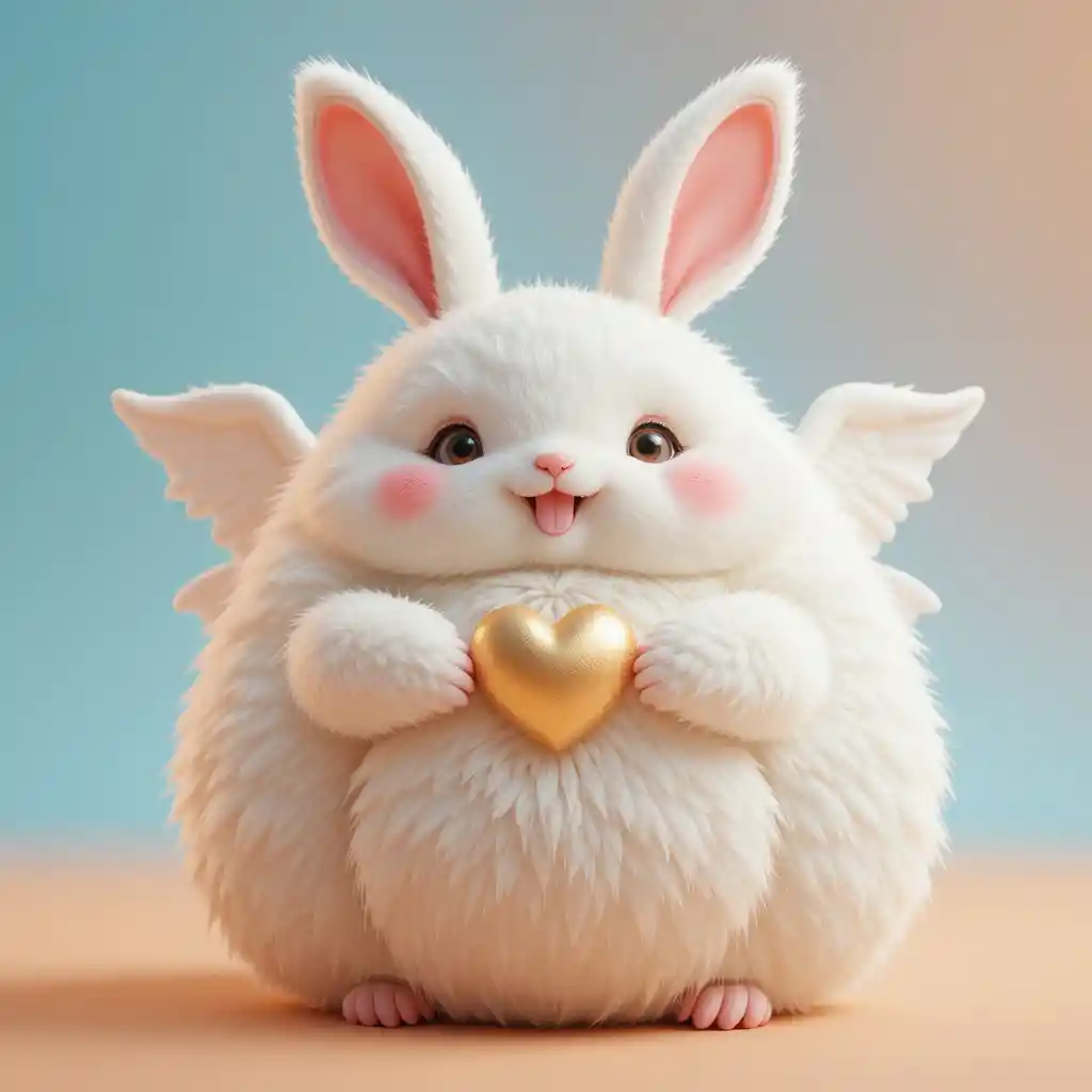 Cute fluffy chibi creature holding a golden heart