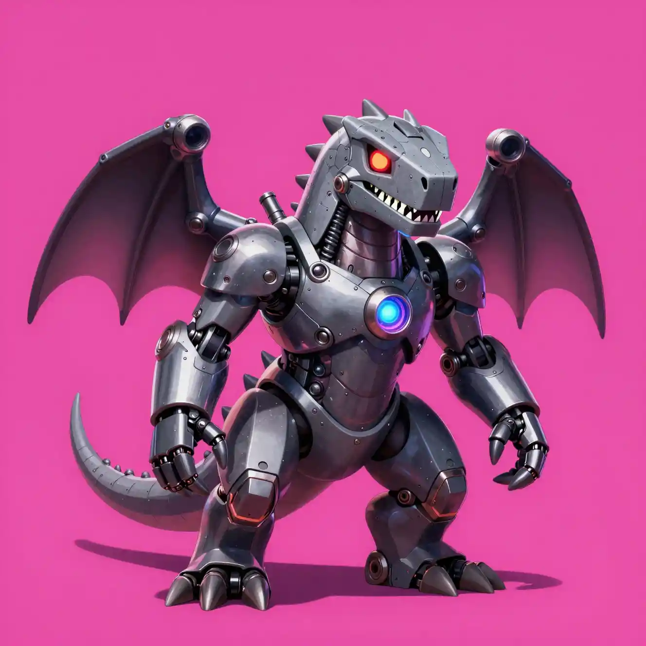 Cute bioluminescent cyborg dinosaur with metal wings cannons