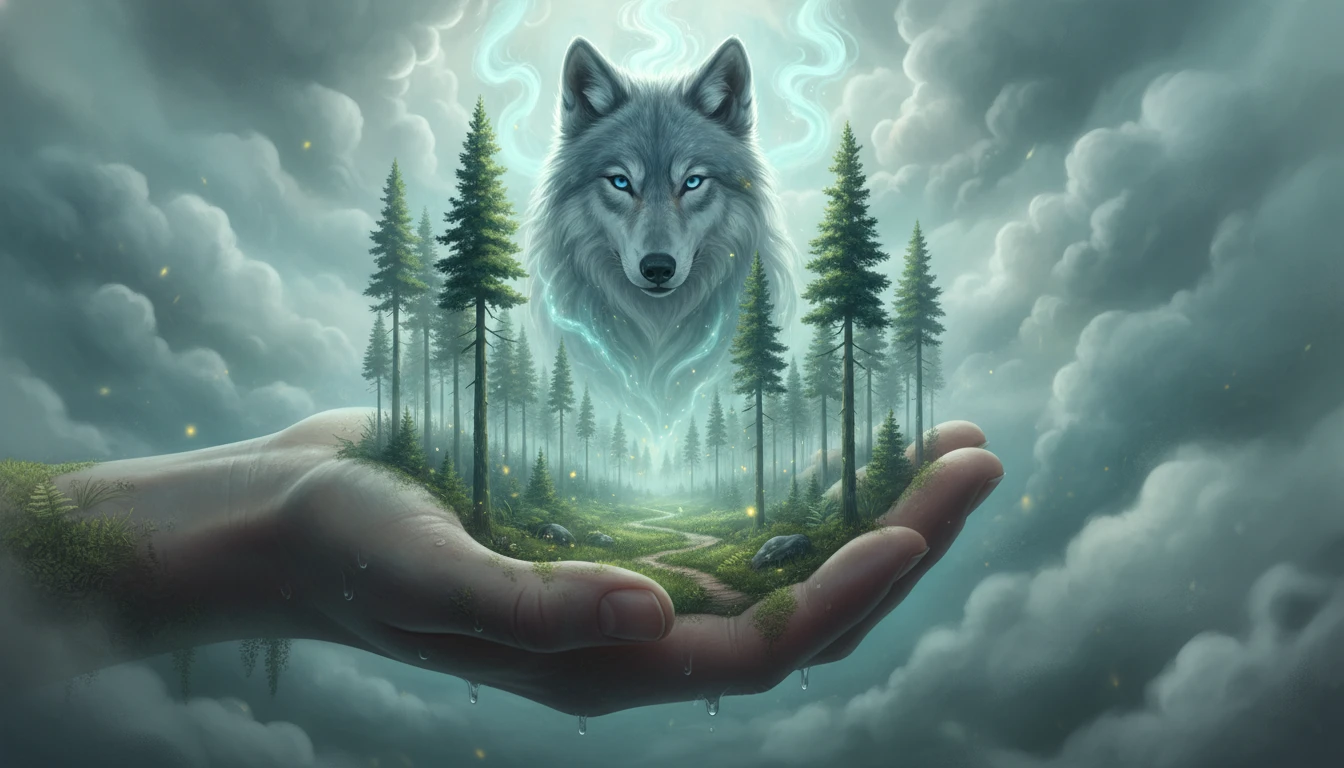 Mystical wolf spirit rising from a palm forest