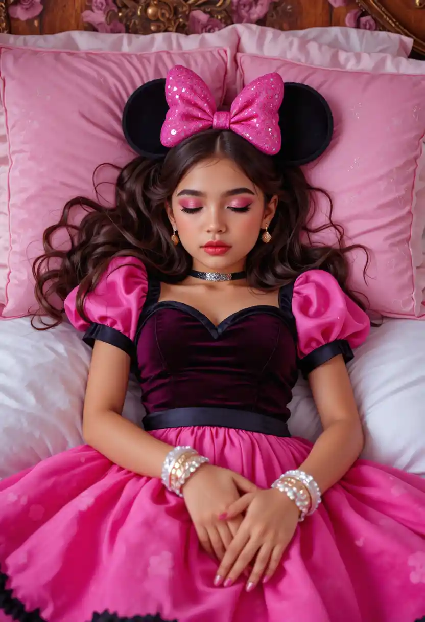Niño joven con vestido rosa durmiendo en una cama con dosel