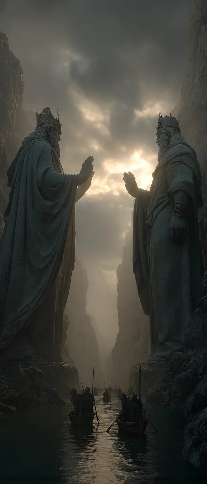 Colossal stone guardians above a narrow sea passage