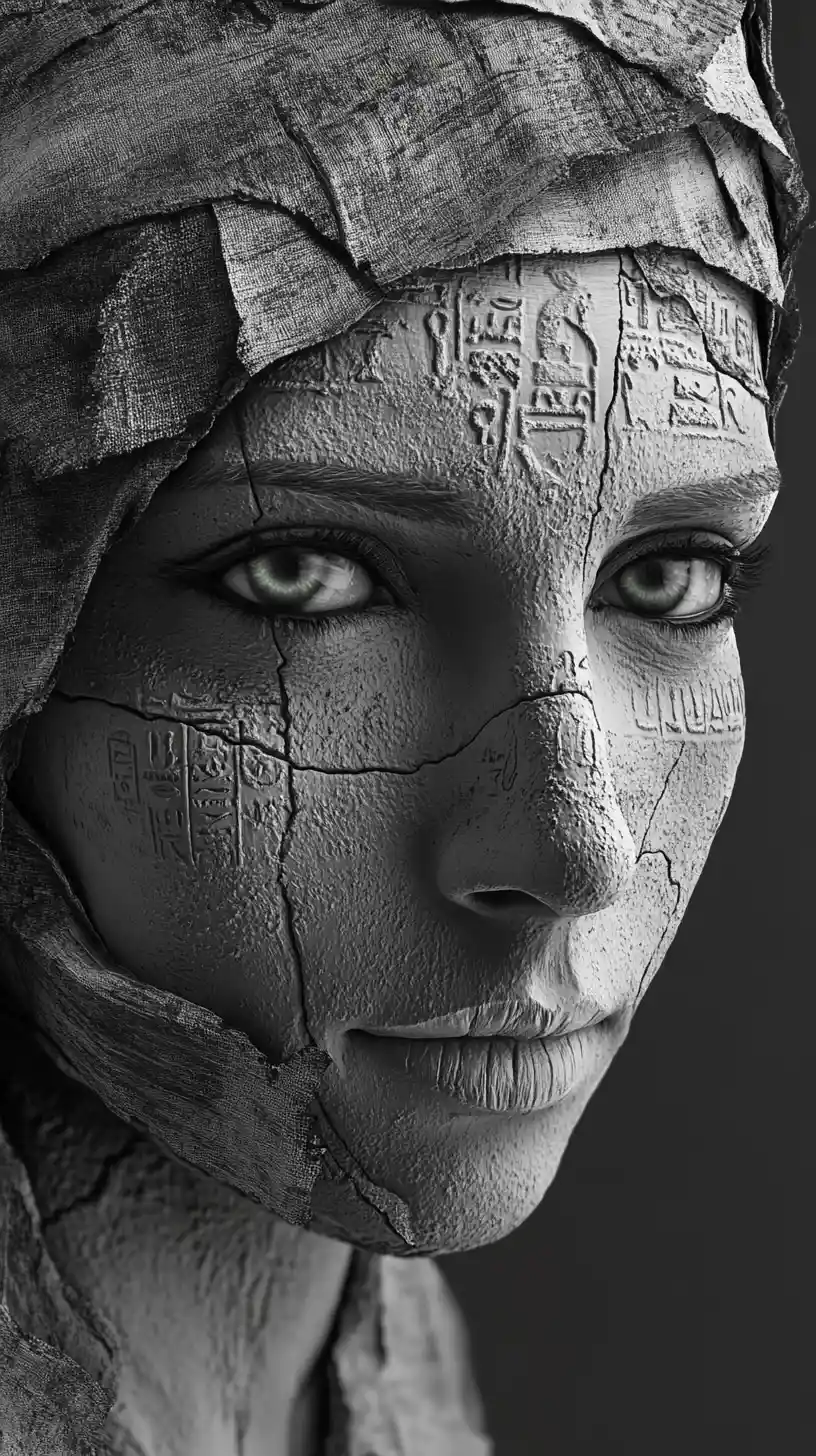 Mysterious Egyptian woman in bandages with emerald eyes