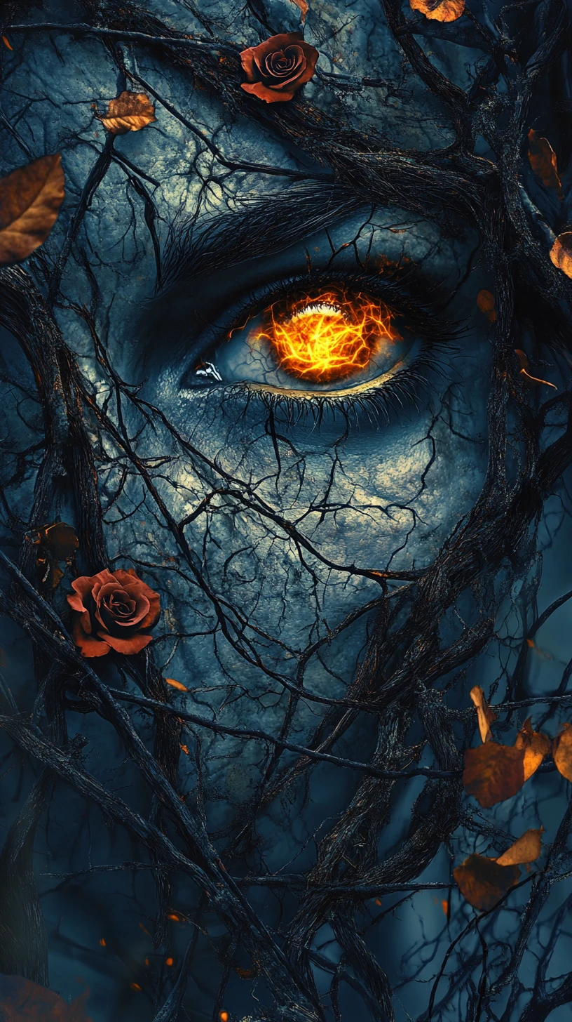 Haunting woman entwined in dark branches with fiery eye