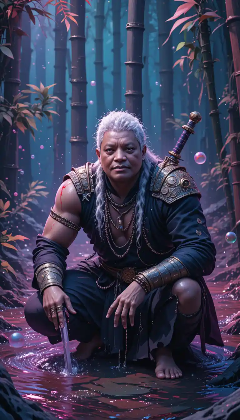 White haired anime warrior crouching in bamboo forest