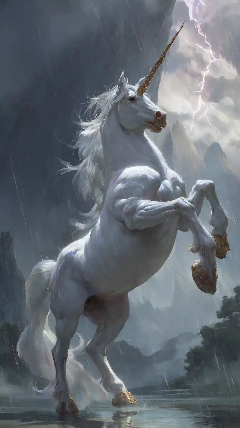 Unicorno bianco impennato in una tempesta davanti a montagne oscure