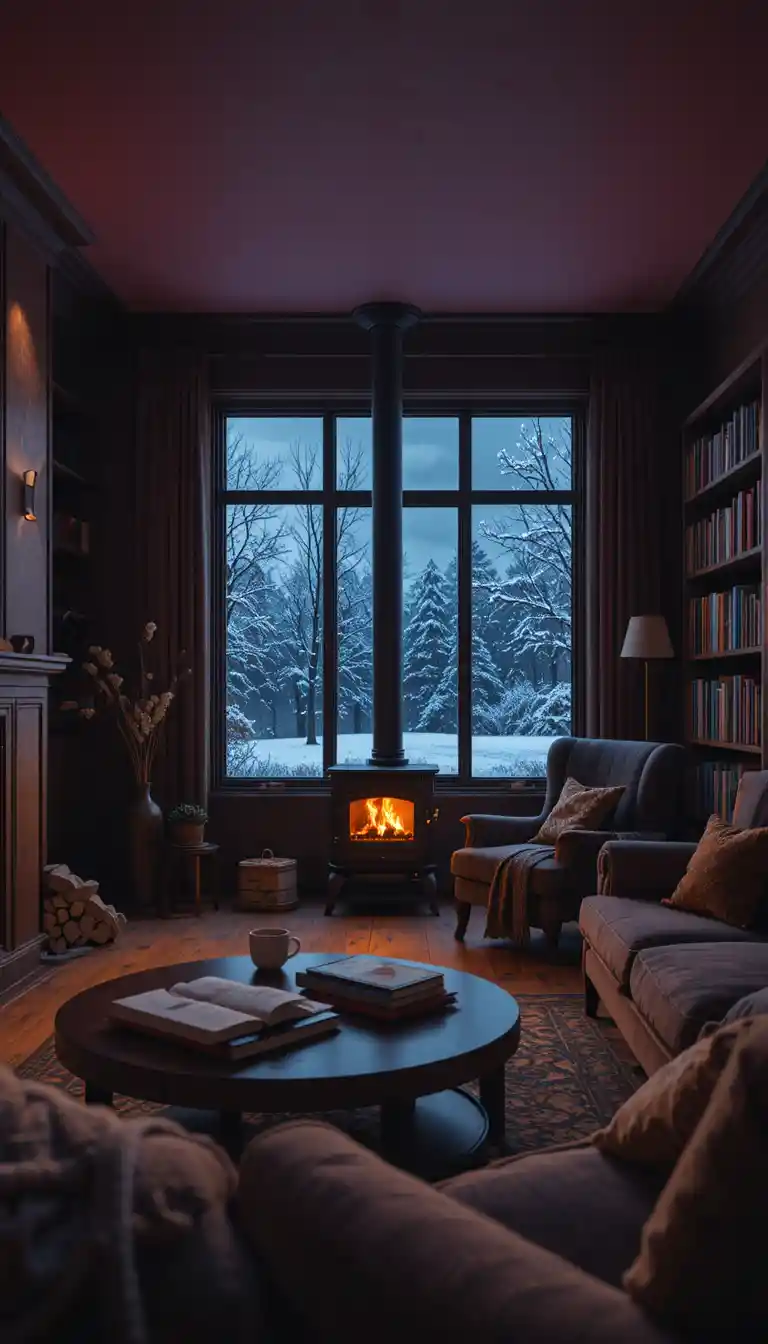 暖かな薪ストーブと雪の夜の窓がある居心地のよい読書コーナー