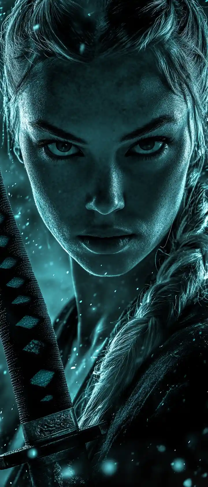 Guerrera rubia con katana en una dramática nevada nocturna