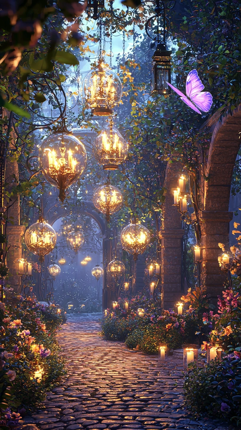 Borboleta luminosa em um jardim fantástico ao crepúsculo iluminado por velas