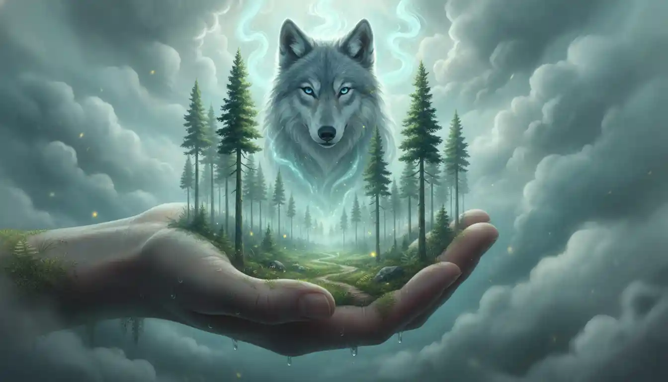 Mystical wolf spirit rising from a palm forest