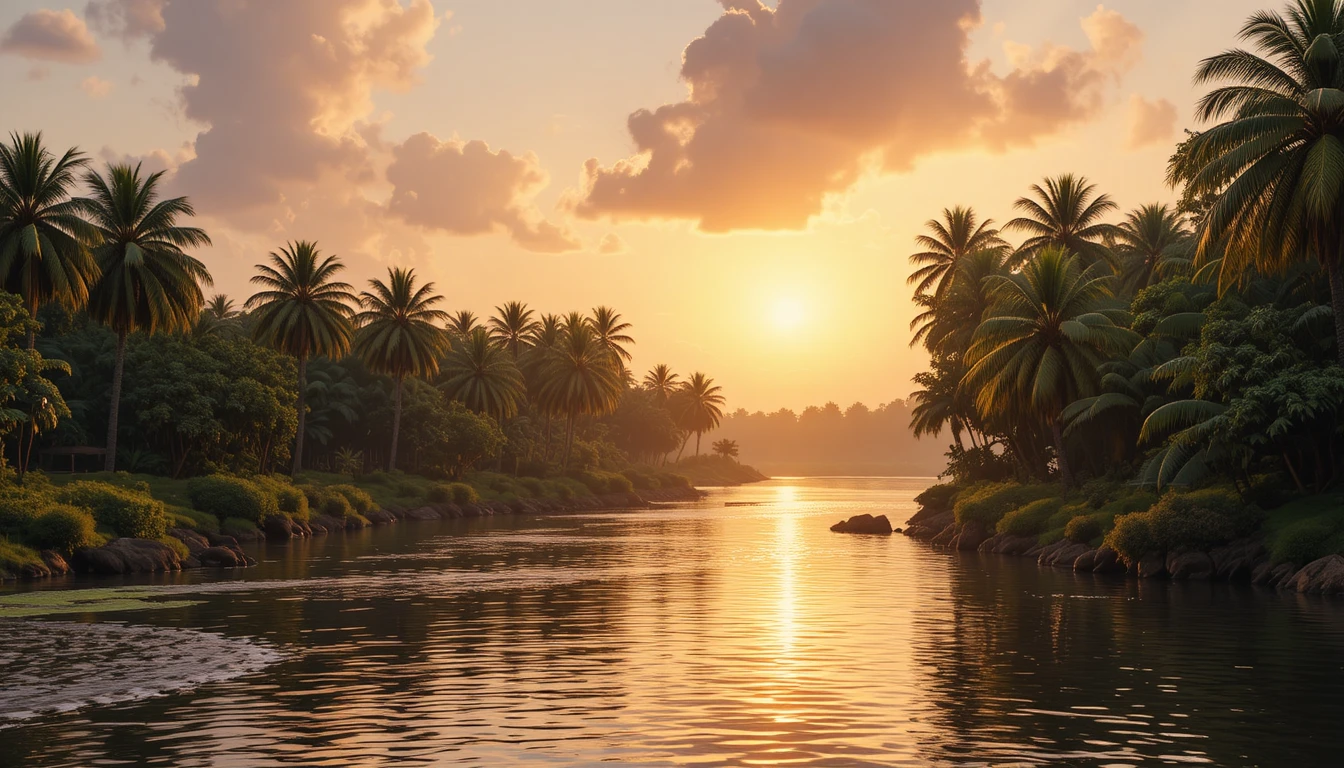 Atardecer dorado sobre un río tranquilo con palmeras meciéndose
