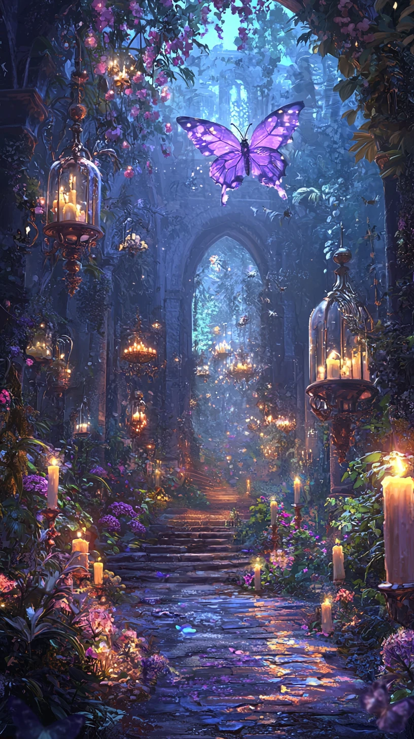 Jardín encantado a la luz de las velas con mariposa púrpura luminosa