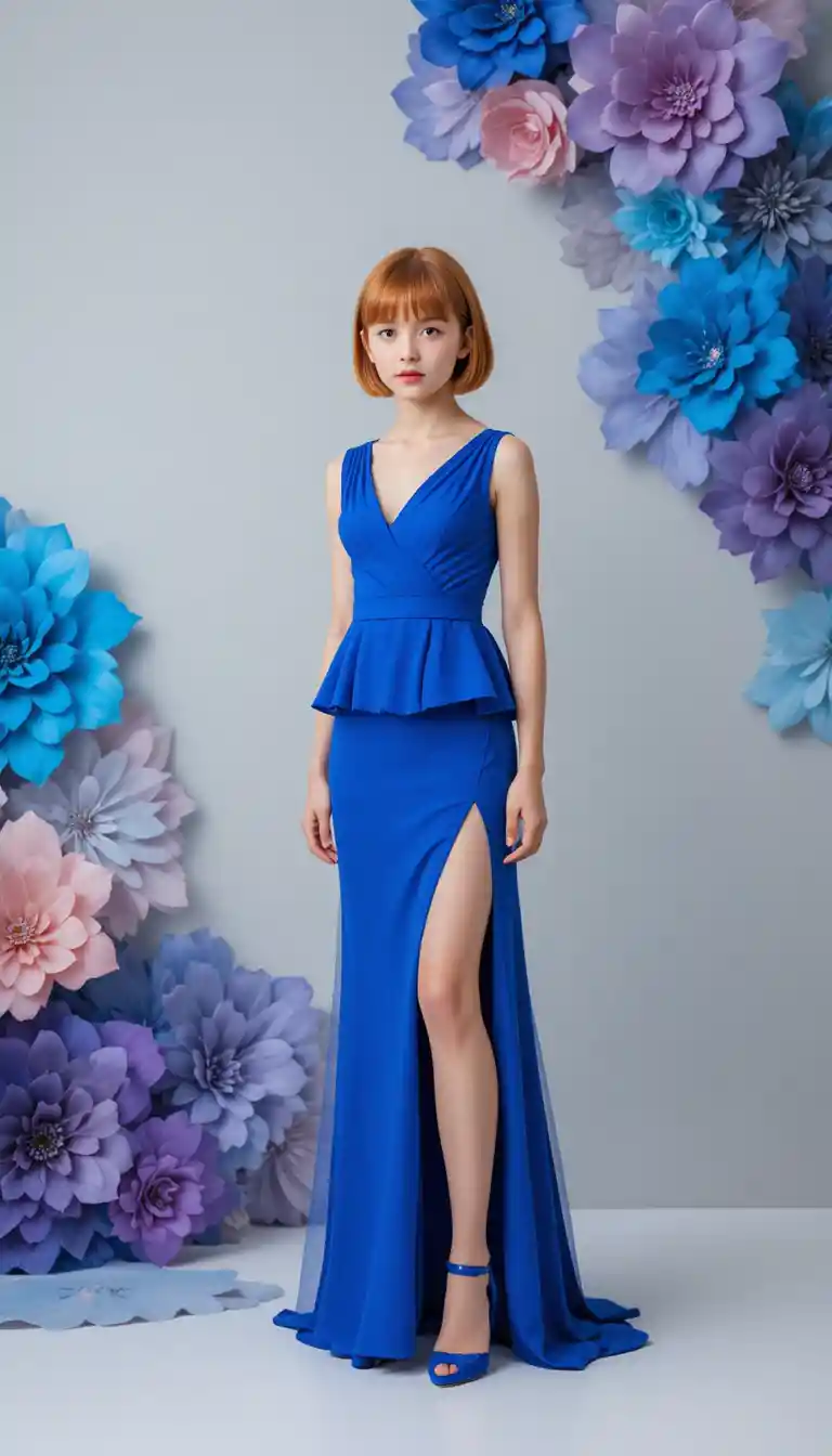 Girl in blue gown before giant paper flower backdrop