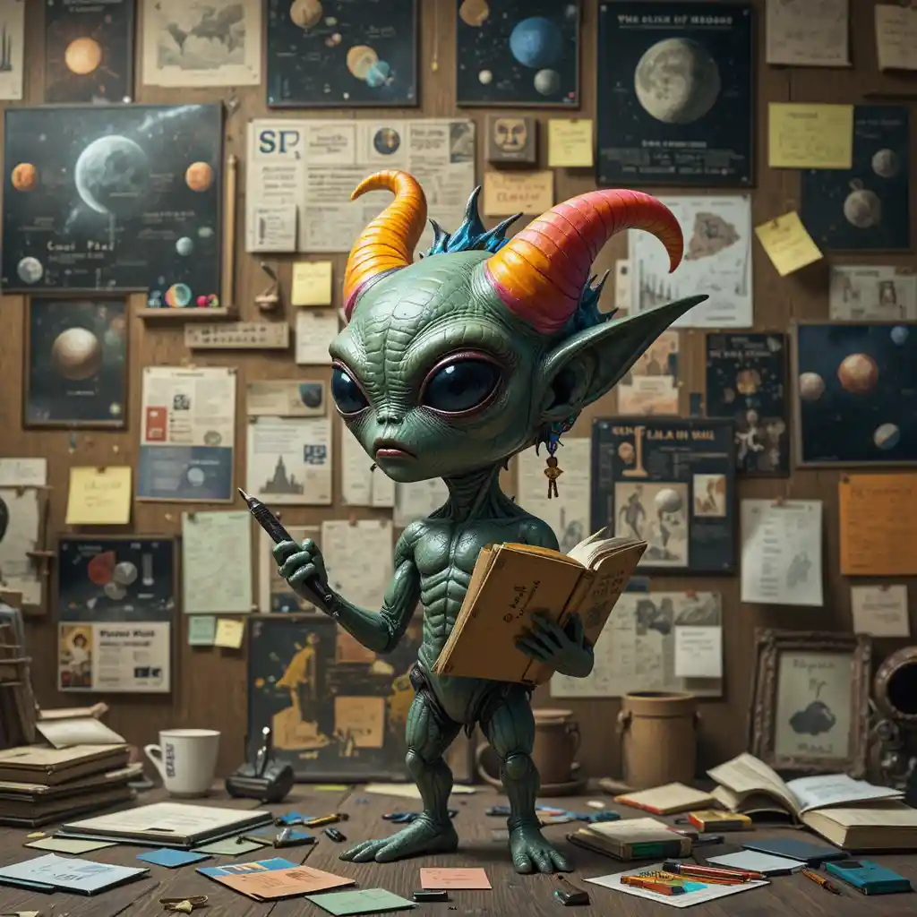 Small alien with notebook planning before a wall of chaos