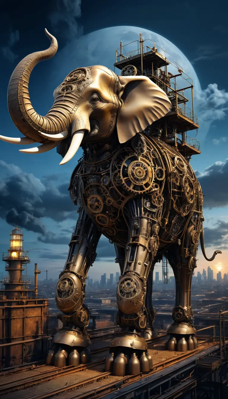 Gigantesco elefante mecánico steampunk bajo un dramático cielo crepuscular
