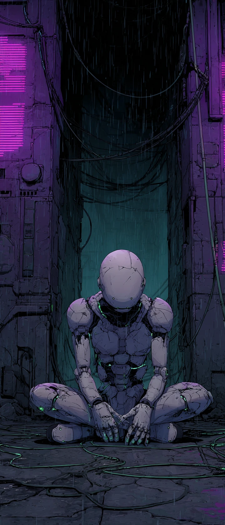 Abandoned android curled in dark neon sci fi corridor
