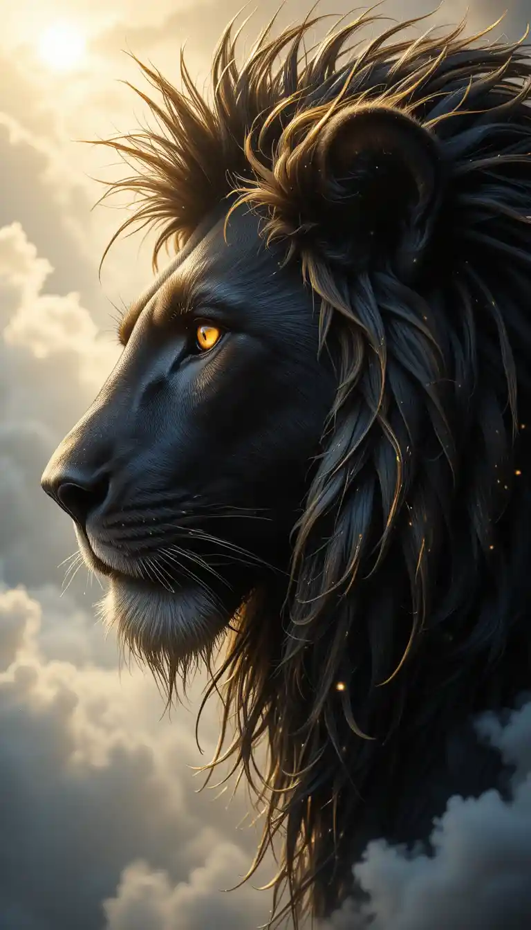 Majestuoso perfil de león brillando con luz dorada celestial