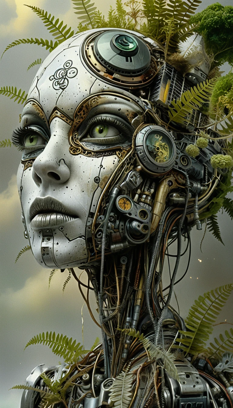 Surrealer biomechanischer Androidenkopf, der Wald und Maschine vereint